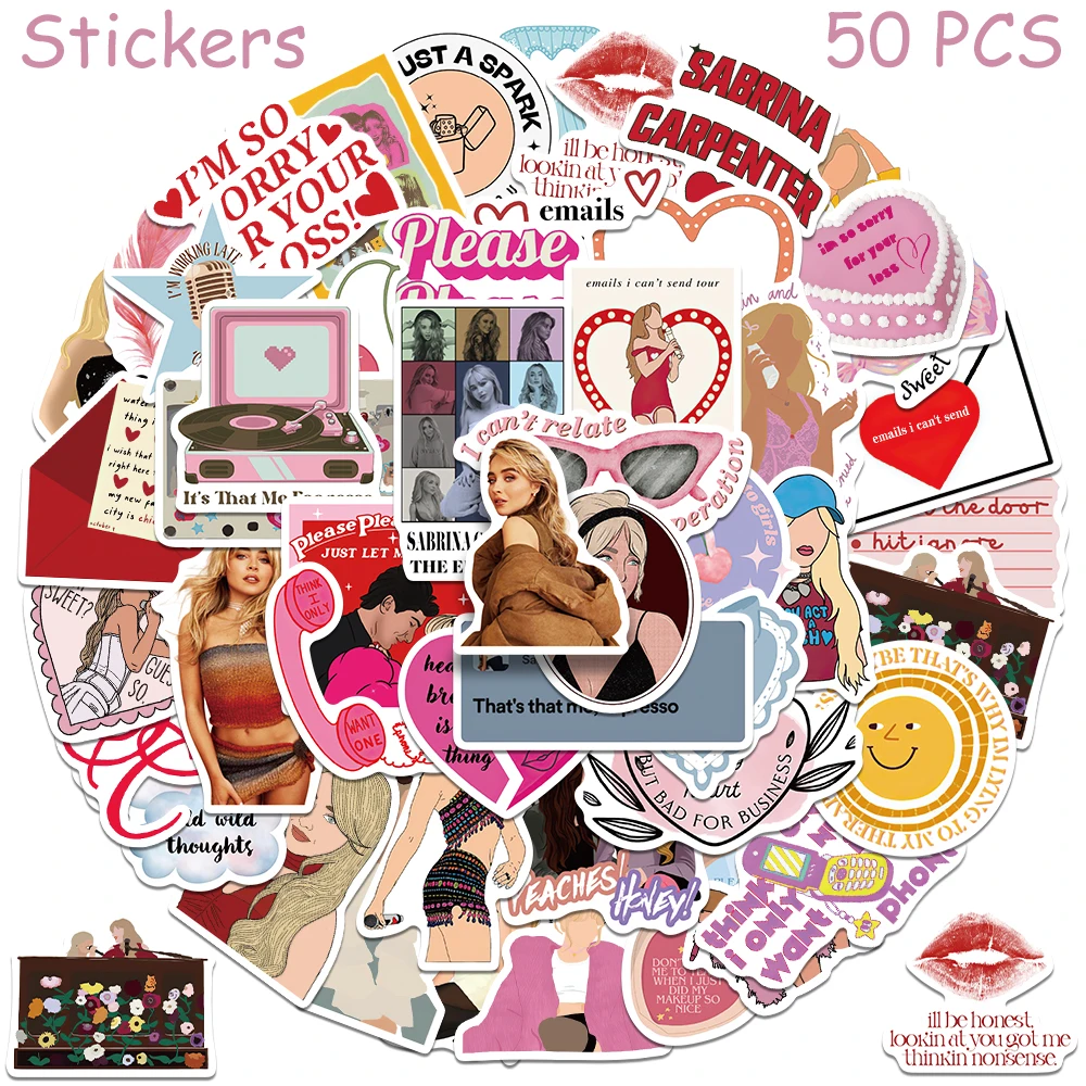 50pcs Hot Singer Sabrina Carpenter Stickers Superstar Concerts Decals For Phone Laptop Luggage Guitar Pink Aesthetic Stickers