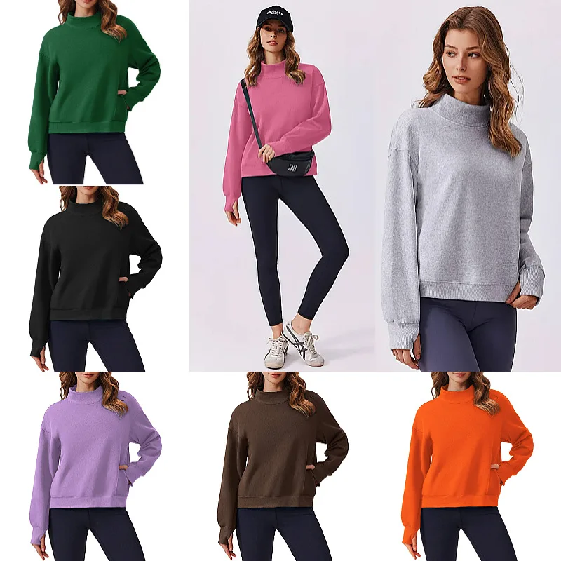 

New autumn and winter solid color fashion casual fleece sweater for women, thick, half high collar, loose fit, women's sweatshir