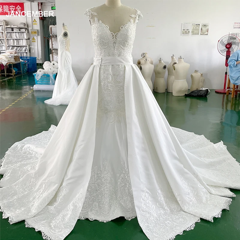 JANCEMBER Classic 2 in 1 Detachable Wedding Dress Satin Floor-Length Dresses For Women 2023 Appliques Lace SS02 Vestido De Novia