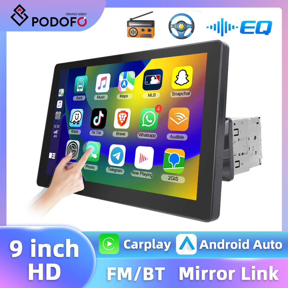 Podofo 9'' D-Play Touch Screen 1din MP5 Player Carplay Android Auto Car Stereo Mirror Link BT Rearview Camera Multimedia Player