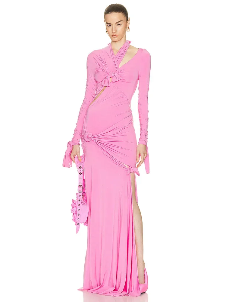 

Sexy Long Sleeve Asymmetric Hollow Out Long Dress Women Pink Knotted Cutout Slim Maxi Gown Elegant Party Club Evening Dresses