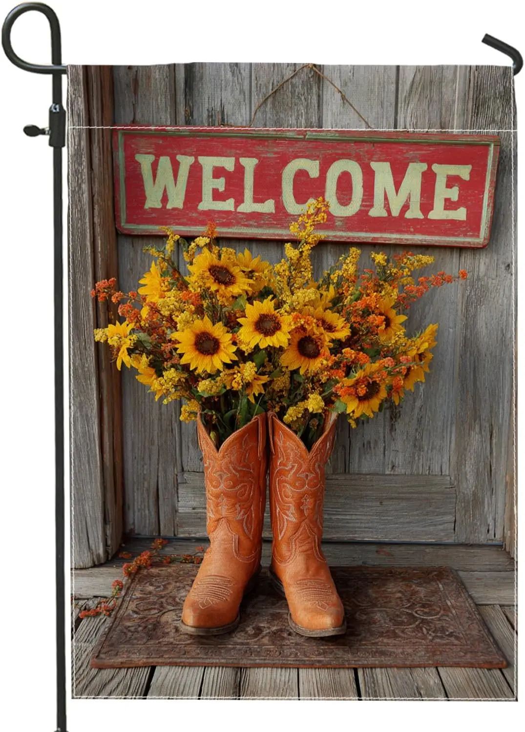 Vintage Welcome Garden Flag, Autumn Floral Cowboy Boots Decor, Double Sided Rustic Yard Banner for Home, Outdoor Fall Decora UUX