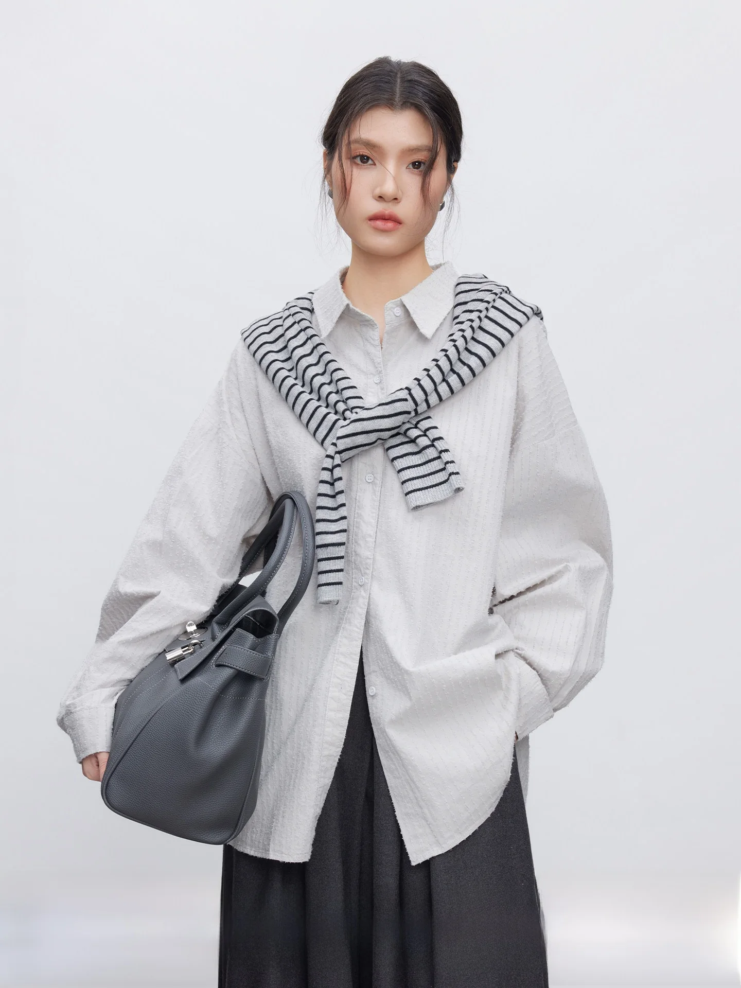 

KEARA Long Sleeve Women's Shirt Casual Style Light Grey Striped INS Trendy Long Shirt Simple Leisure Top for Young Women