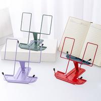 Portable Book Holder Foldable Book Stand Adjustable Metal Book Stand with Page Clips Mini Bookshelf for Magazines