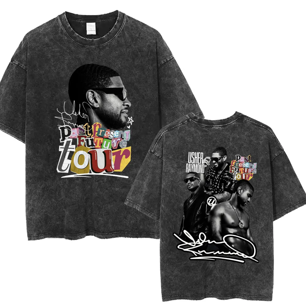 Usher Past Resent Future 2024 Tour Washed T Shirt Hip Hop Retro Harajuku Tshirt Men Women Loose High Quality Cotton Street Tees