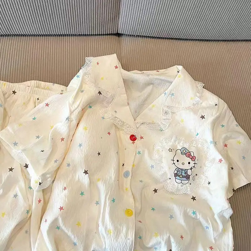 

Комплект пижам Kawaii Sanrio Hello Kitty, женская домашняя одежда с героями мультфильмов, летняя ночная одежда, шорты с короткими рукавами, комплект для сна со встроенным бюстгальтером