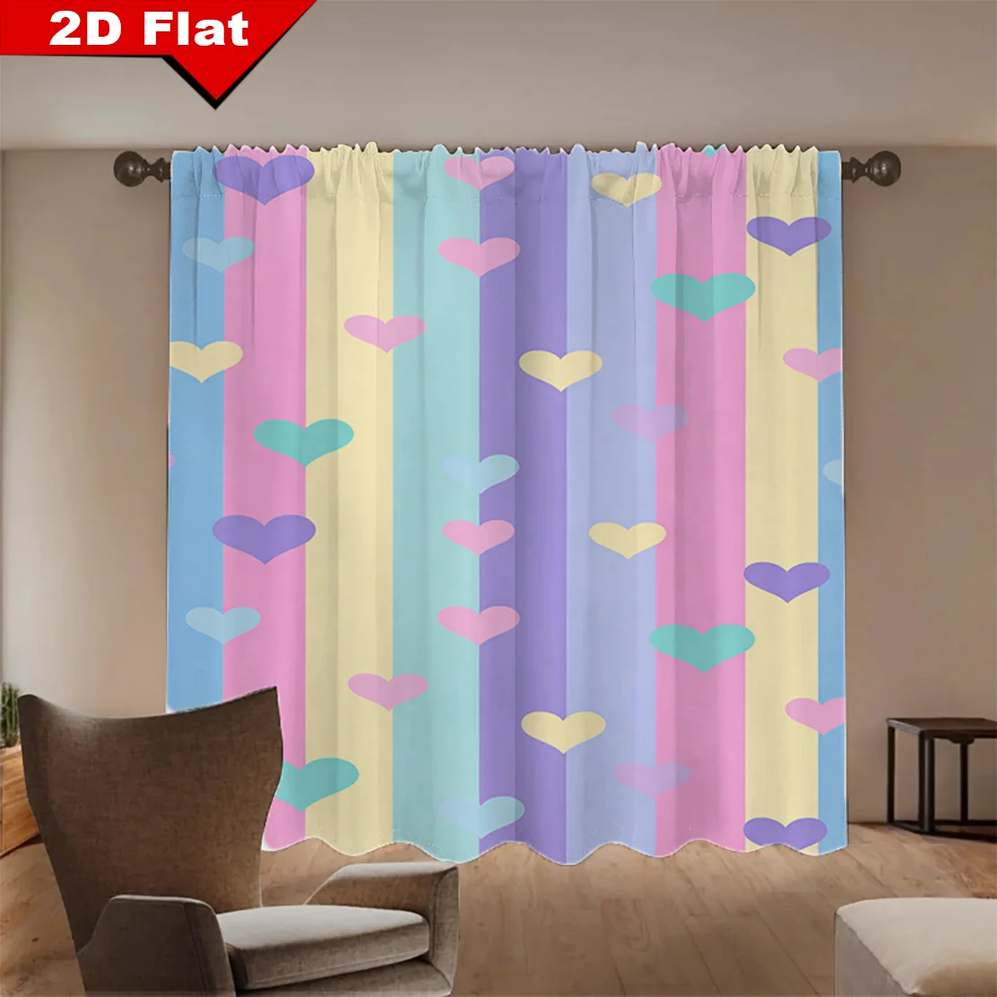 2D Flat Curtain Fabric 2pcs Printed Rainbow Heart Curtains Multicolor Heart PatternCurtains Light BlueYellow Purple PinkGradient