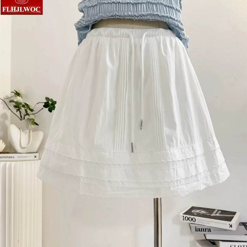 Y2K Cotton Skirts New Japanese Style Cute Sweet Girls Holiday Date Casual A Line High Waist Solid Mini Ruffles White Lace Skirts