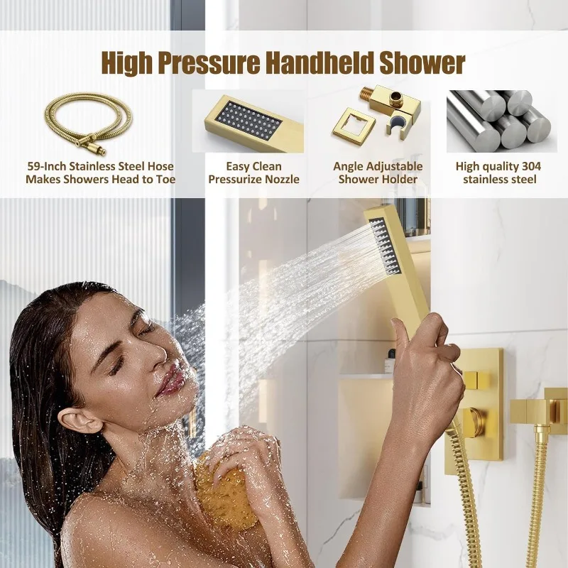 Gold Shower Faucet Set, Ceiling 10 Inches Rain Shower Head with Handheld Combo Set, High Pressure Rainfall Shower Head System