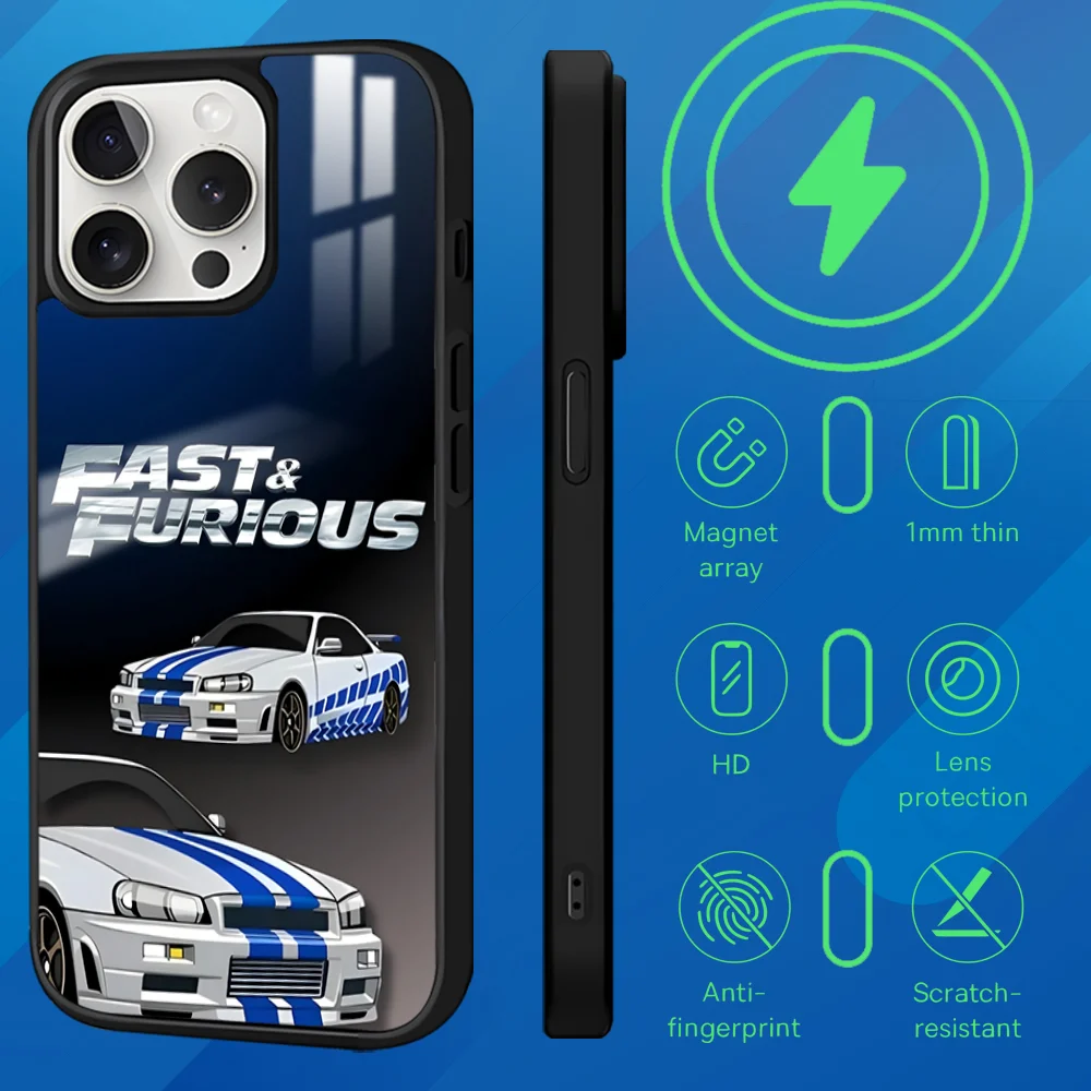 F-Fast And F-Furious R-R34 Magnetic Phone Case For iPhone 15 14 13 12 11 Pro Max Plus Mini Mirror Wireless Magnetic Cover