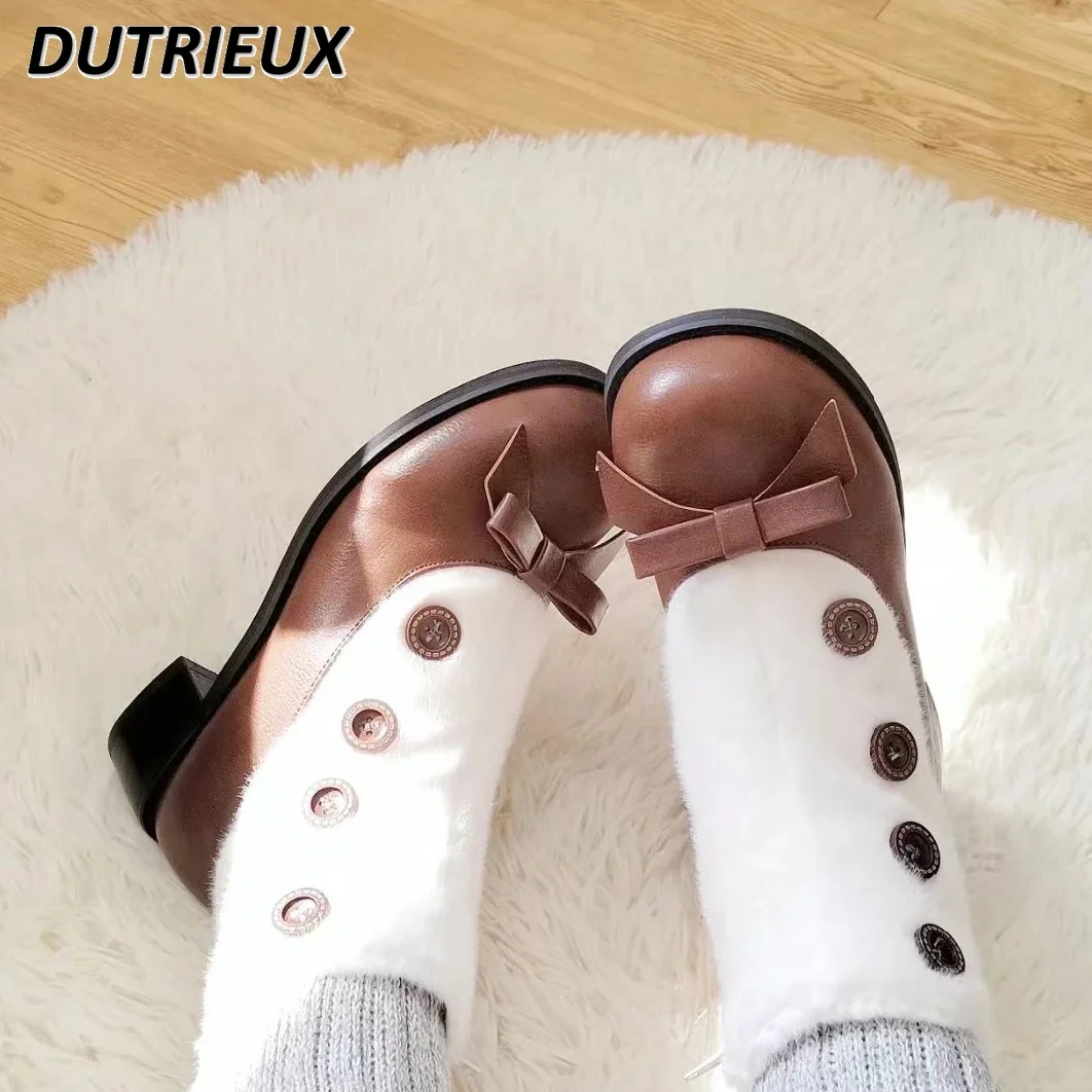 Fashion Fleece-lined Ladies Mary Jane Boots Winter Lolita Style Foot Sock Round Toe Thick Low Heel Shoes for Women Women