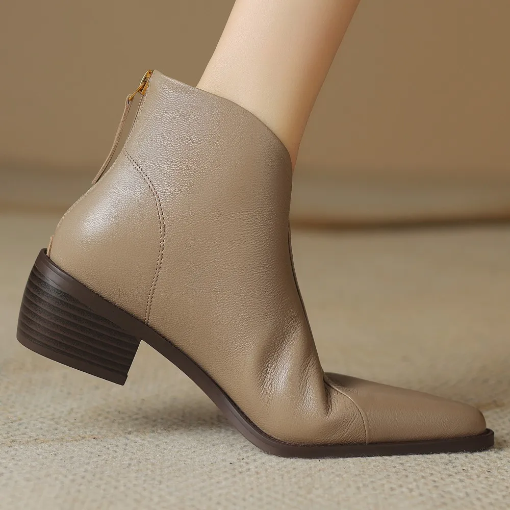 

Women's genuine leather pointed toe back zip autumn ankle boots retro casual female 4.5cm thick med heel short booties shoes 42