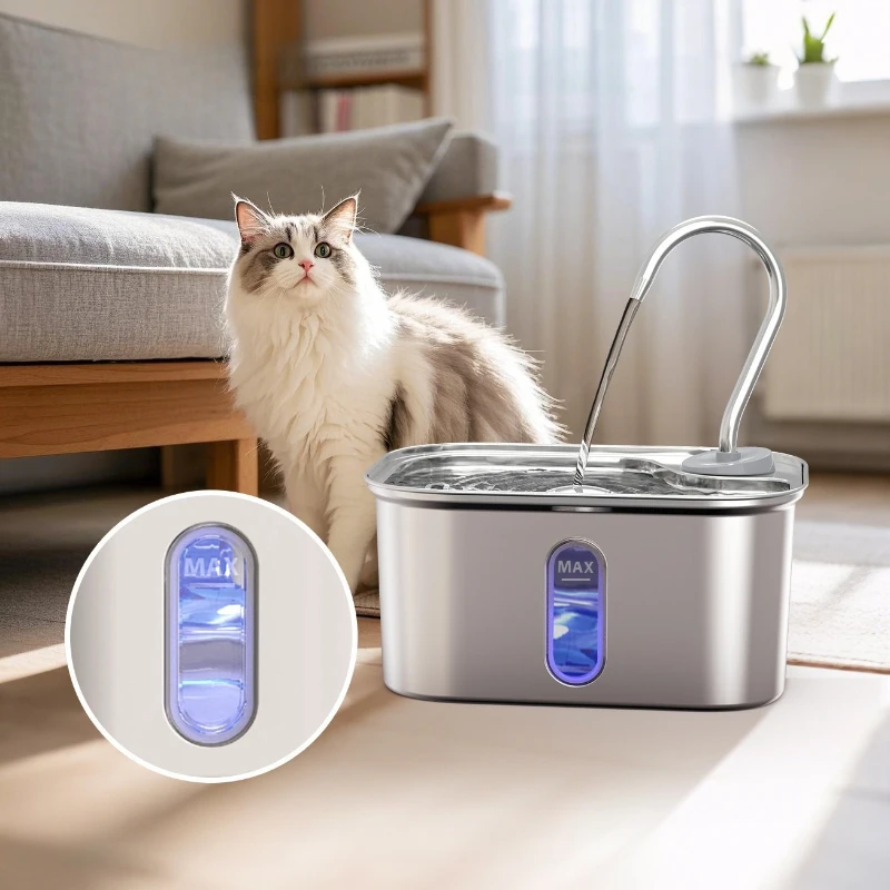 

304 Stainless Steel Pet Water Fountain Cat Dog Smart Dispenser Filter Large Capacity Water Window Automatic Mode Drinking Bowl