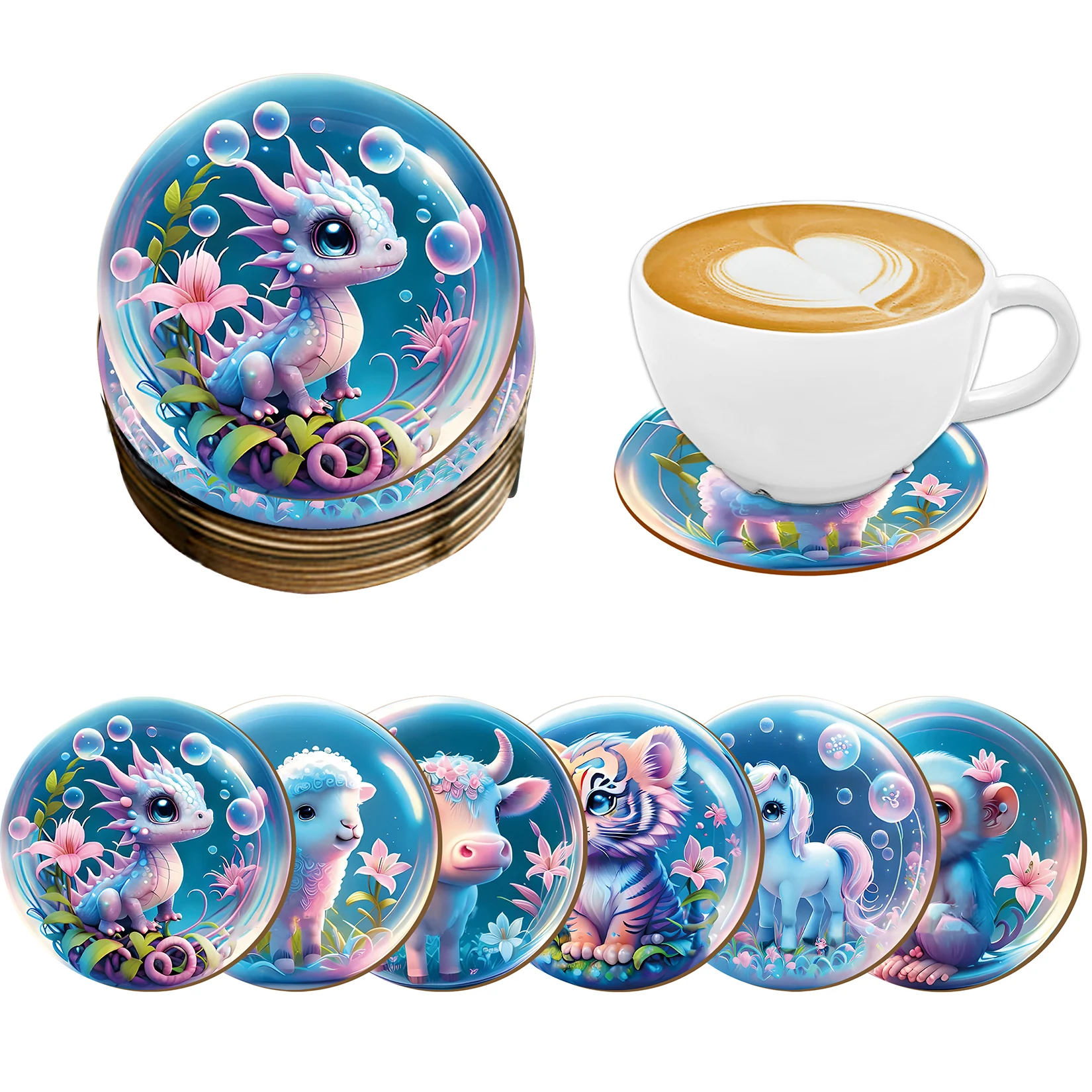 6 juegos de posavasos redondos antideslizantes de madera con estampados de animales, adecuados para decoración de café y bebidas.