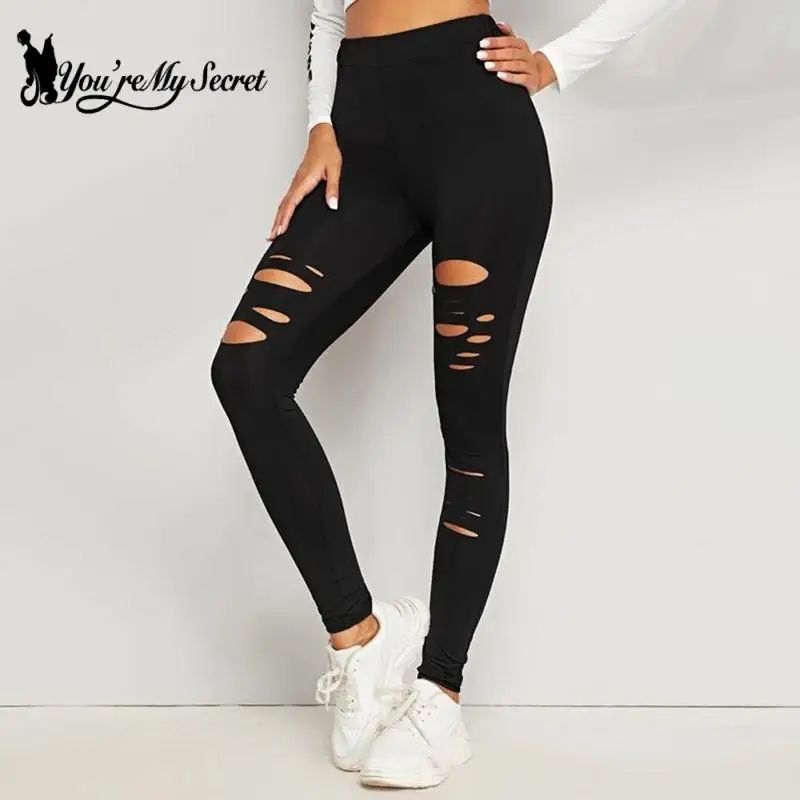 [You\'re My Secret]-Leggings rasgados para mujer, Leggings negros góticos ahuecados, Sexy, elásticos, ajustados, para Fitness