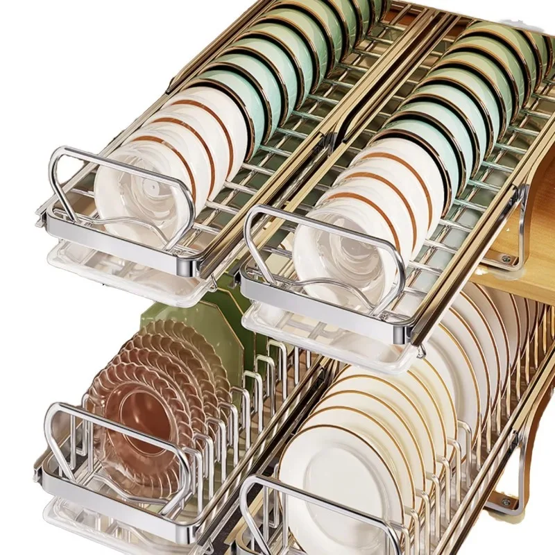 

Modern Double-Tier Stainless Steel Kitchen Storage Rack Conveniently Organizes Stores Dishes for Cleaning Draining Dish Stand