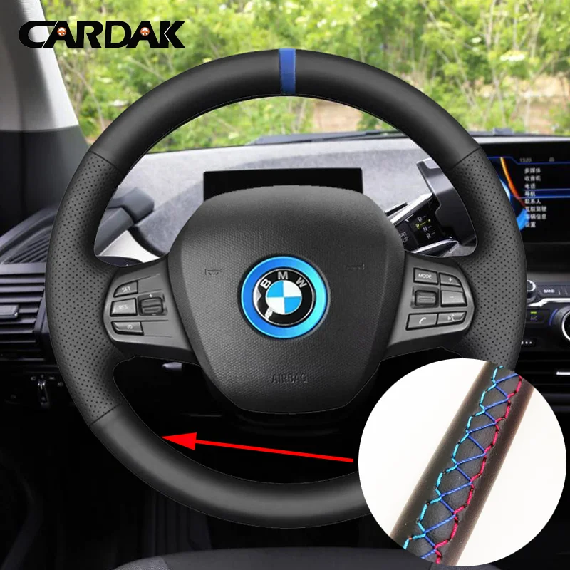 DIY Black Artificial Leather Hand-stitched Car Steering Wheel Cover for BMW i3 2014 2015 2016 2017 2018 2019 2020 2021 2022