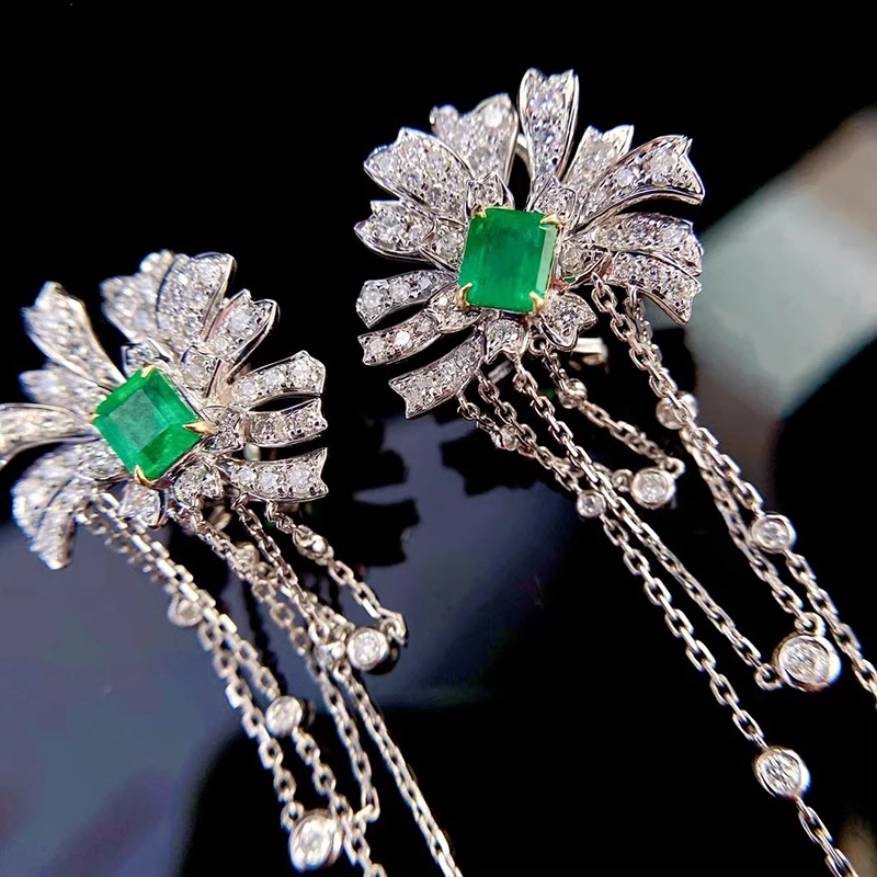 Real Diamond 18K Au750 White Gold Earrings 1.06Carat Natural Emerald Diamond 1.2Carat  Wedding Party Engagement Anniversary Fash