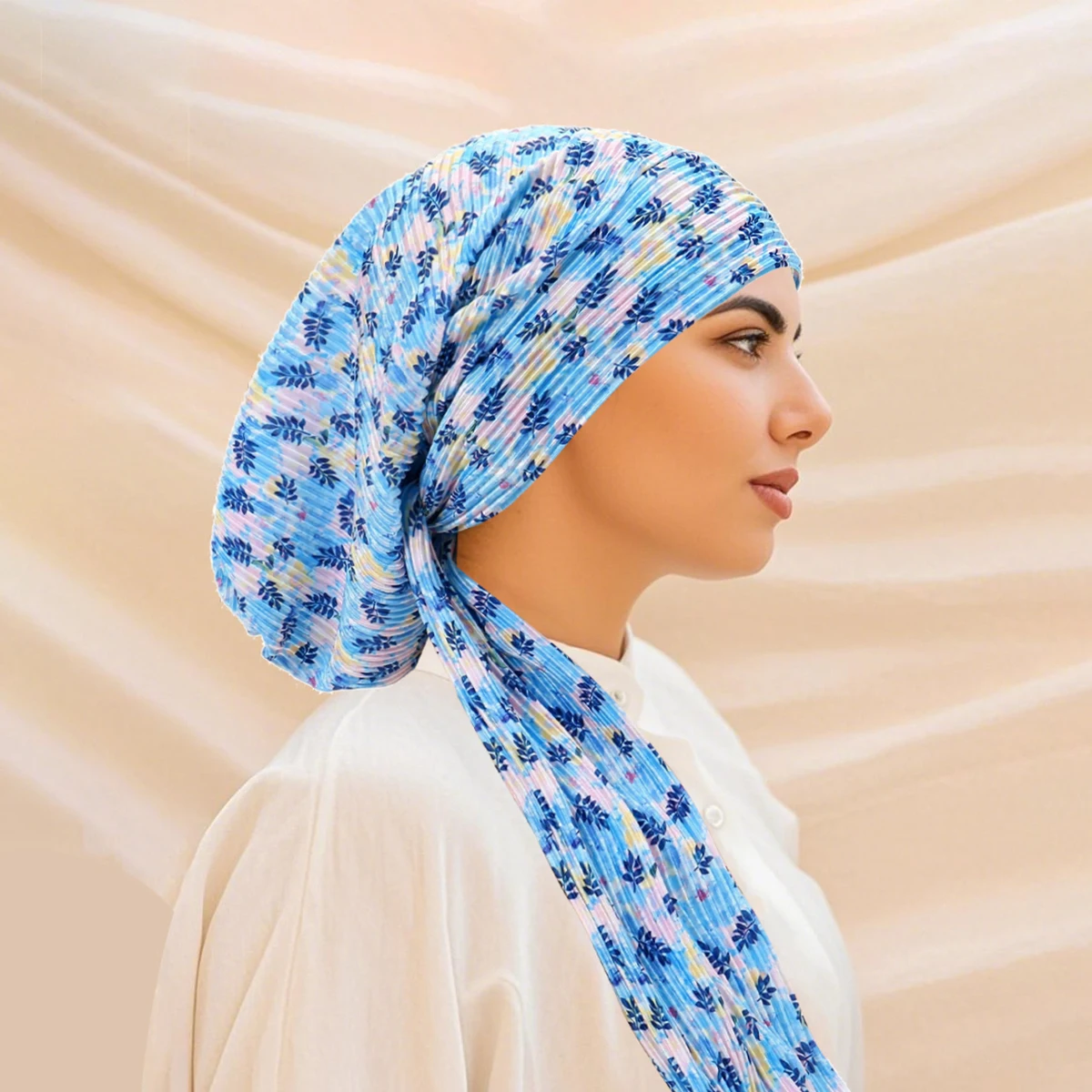 Nowy damski turban muzułmański z elastyczną gumką, chusta na głowę z kwiatowym nadrukiem, chusta na raka, czapka na chemioterapię, opaska na głowę z efektem \"crinkle\", bandana, 2025