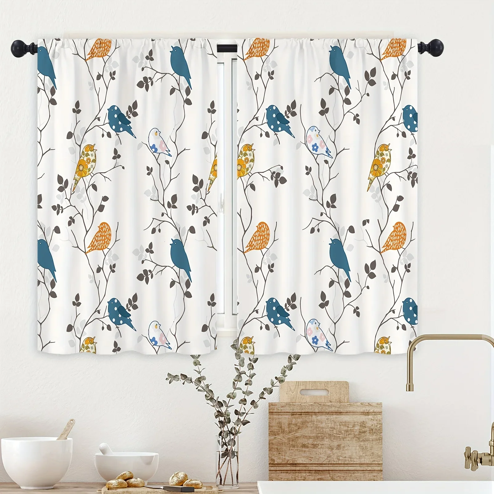 

2Pcs Blue Bird Branch Leaves Kitchen Curtains Farmhouse Plant Botanical Shabby Chic Vintage for Living Room Office Home Decor