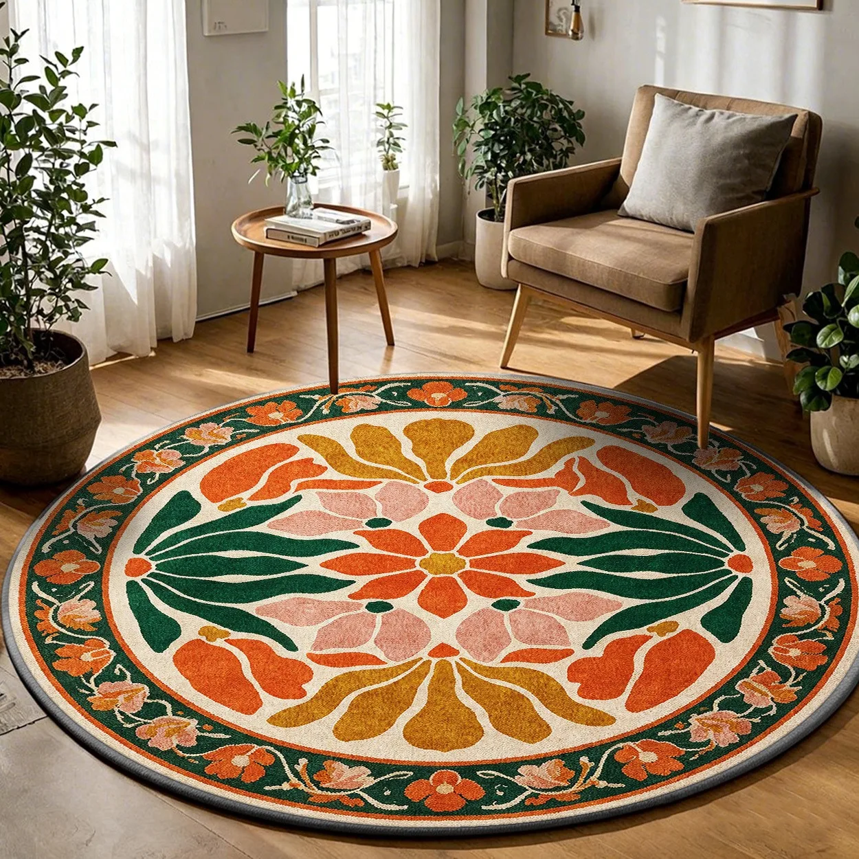 Vintage Folk Art Botanical Round Rug,Retro Orange Pink Green Floral Border Printed Circular Floor Mat,Living Room Entry Carpet