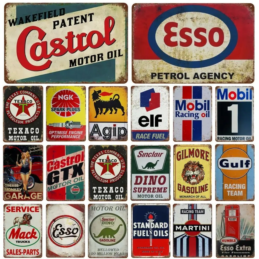 Vintage Motorcycle Oil Gasoline Metal Tin Signs Gulf Esso Agip Man Cave Club Plate Motor Garage Wall Stickers Gas Decor Plaque