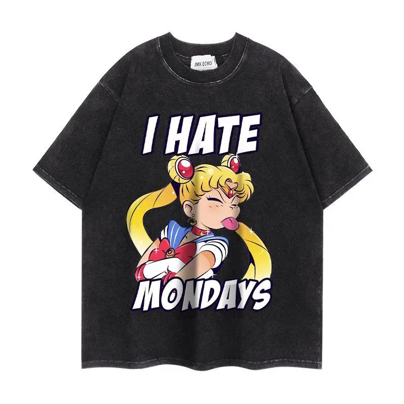 Camiseta Oversize de Algodón con Estampado de Meme 'Odio los Martes' de Sailor Moon, Estilo Acid Wash, Colección Verano 2026, Camiseta Gráfica de Anime Streetwear para Hombre y Mujer
