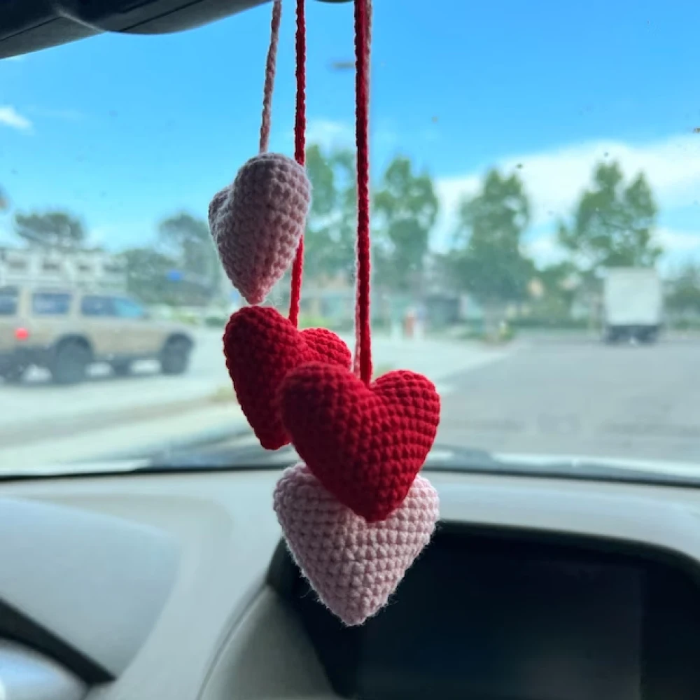 Heart Car Rear View Mirror Accessory Styling Crochet Red Pink Heart Hanging Decor Gadgets Interior Accessories For Women