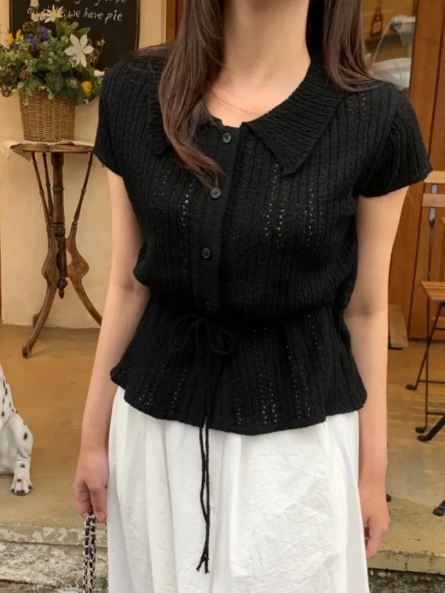 

Ele Sweet Waist Slimming ort Sve Hollow out Knitted Top Women Summer Faion Trendy Sle Thin Material Collared irt