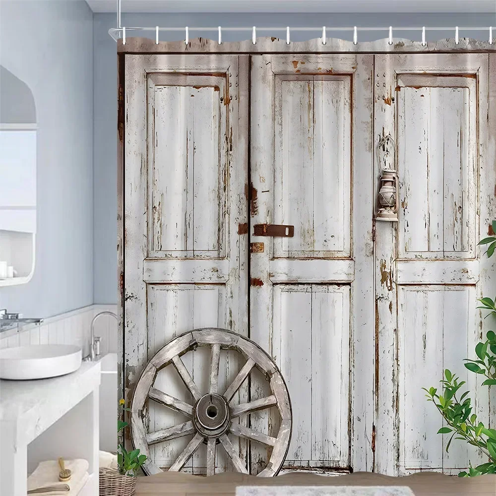 Rustic Farm Wooden Door Shower Curtains Barn Wheel Green Plant Grey Board Bath Curtain Polyester Cloth Bathroom Decor with Hooks