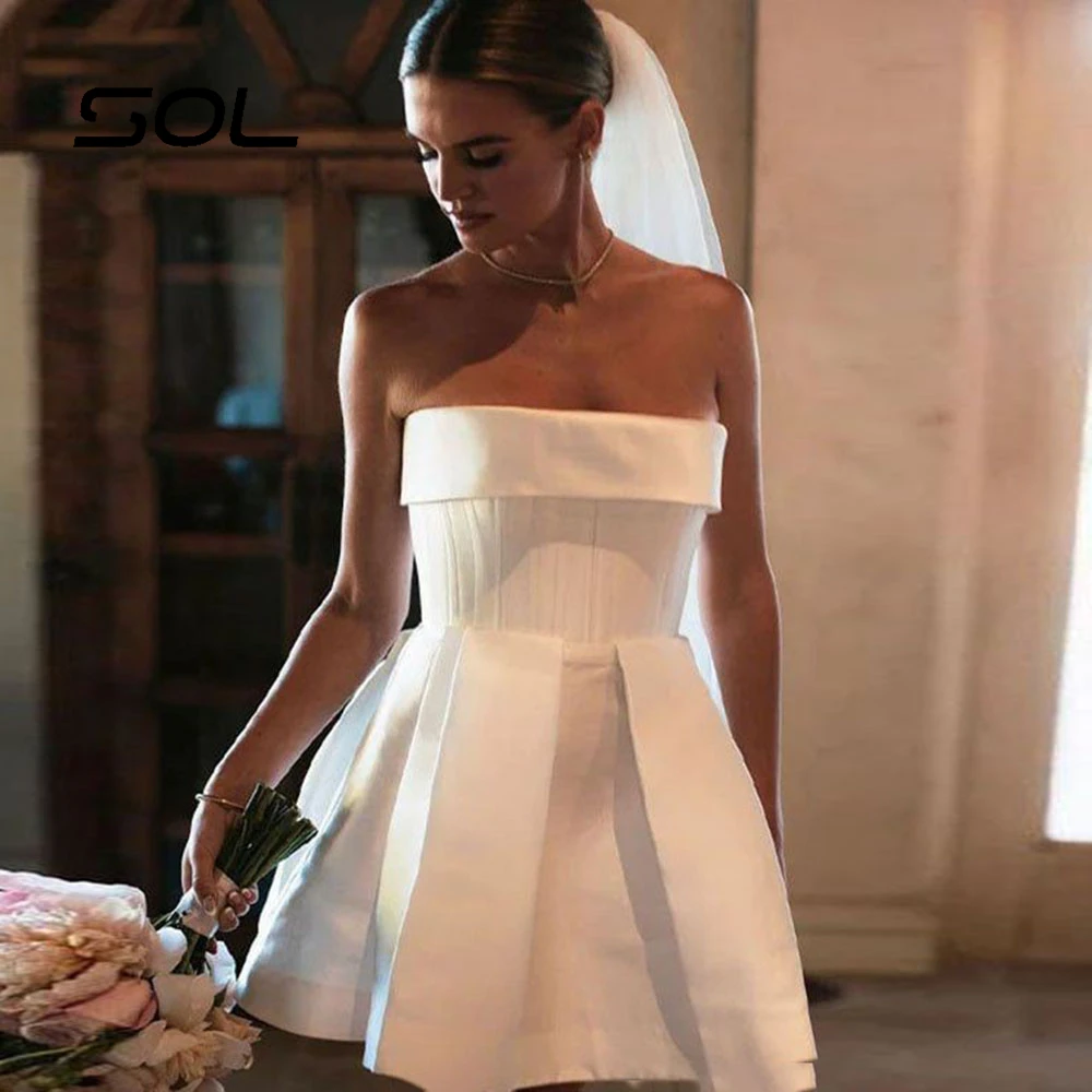 Sol Elegant Strapless Pleat Short Wedding Dress For Women Simple Backless A Line Above Knee Mini Bridal Gown Robe De Mariee