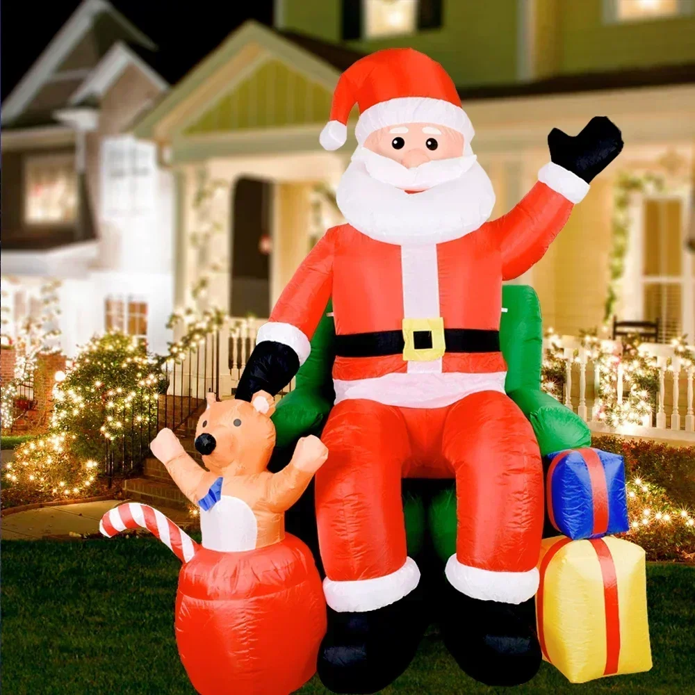 7.5FT Christmas Inflatable Santa Claus on Sofa with Bear Gift Box Built-in LED Lights Outdoor Garden Yard Lawn Xmas Decoration