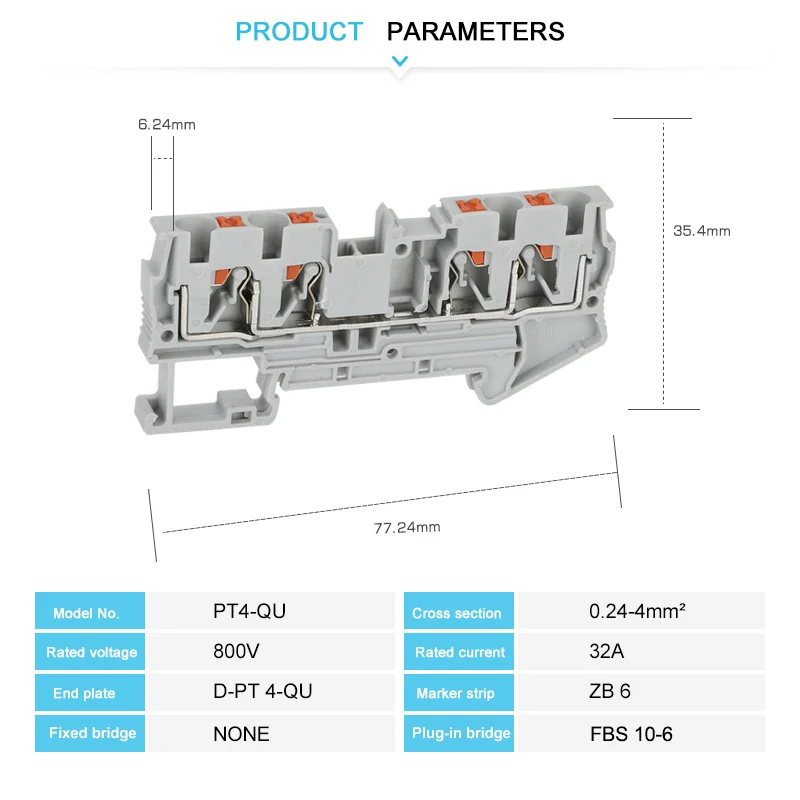 10Pcs PT4-QU Push-In 4 Conductor Double Feed-Through Plug PT 4 QUATTRO Wire Electrical Connector Din Rail Terminal Block PT 4-QU