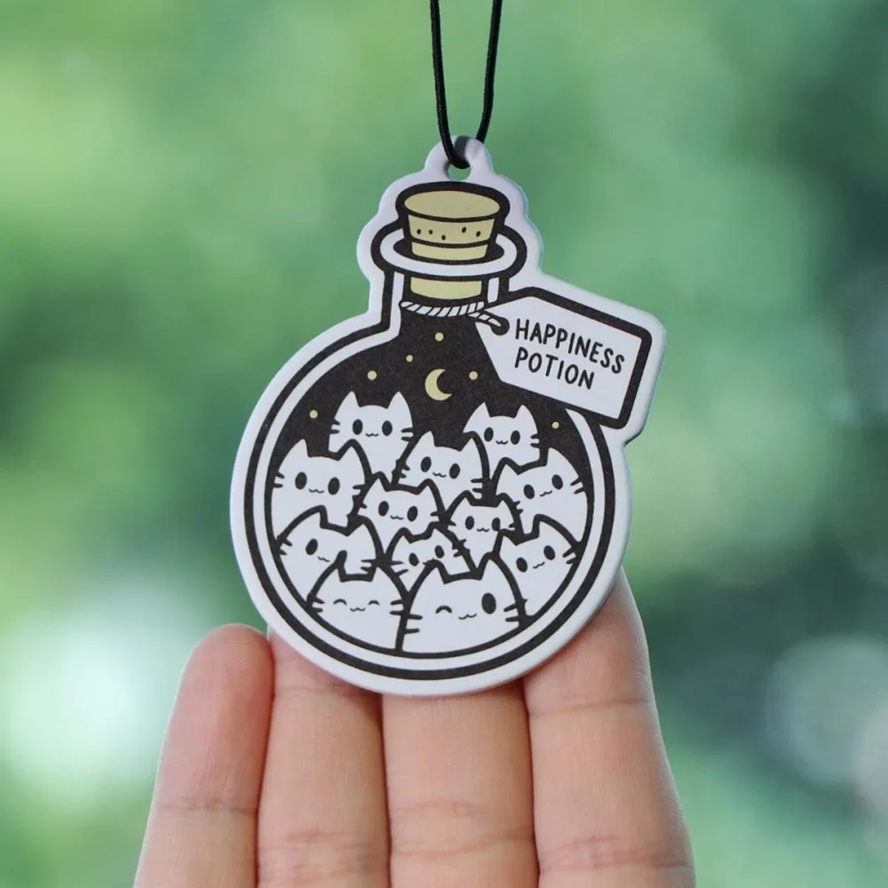 Cute 'Happiness Potion' Car Air Freshener - Cat & Moon Design Paper Scented Tablet for Rearview Mirror