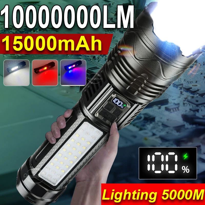 NEW Upgrade 5000M Powerful Flashlight 15000mAh Battery High Power Led Flashlight Rechargeable Tactical Torch Emergency Spotlight