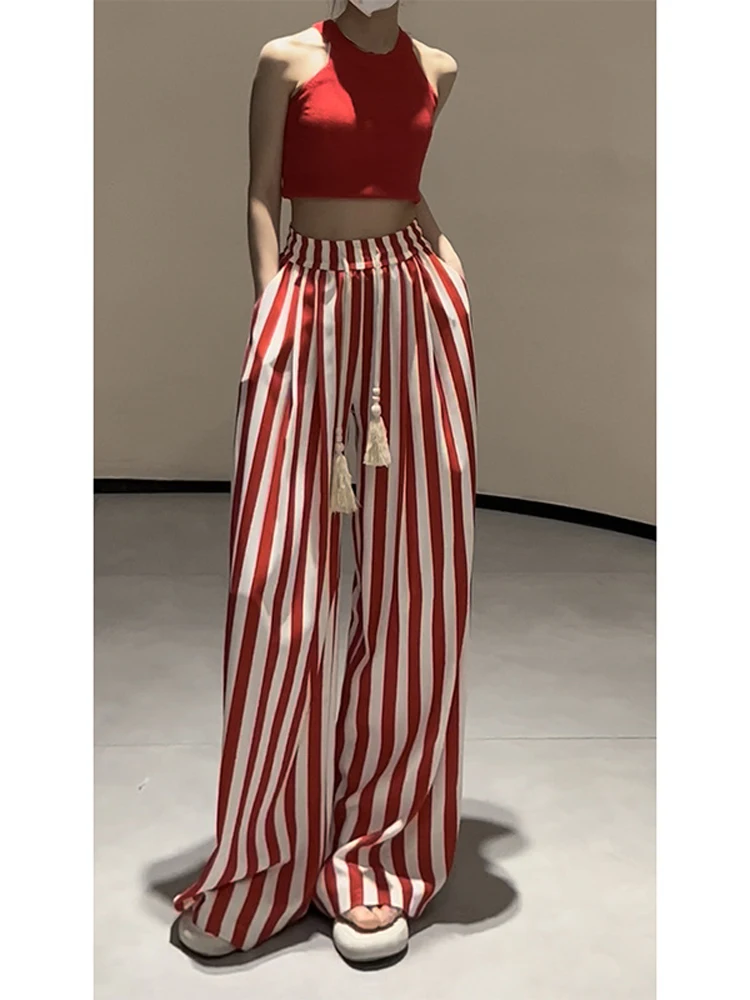 Casual Retro Striped Print High Waist Wide Leg Pants Women\'s Fashion Loose Vintage Soft Full Length Trousers 2024 Summer