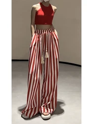 Casual Retro Striped Print High Waist Wide Leg Pants Women's Fashion Loose Vintage Soft Full Length Trousers 2024 Summer