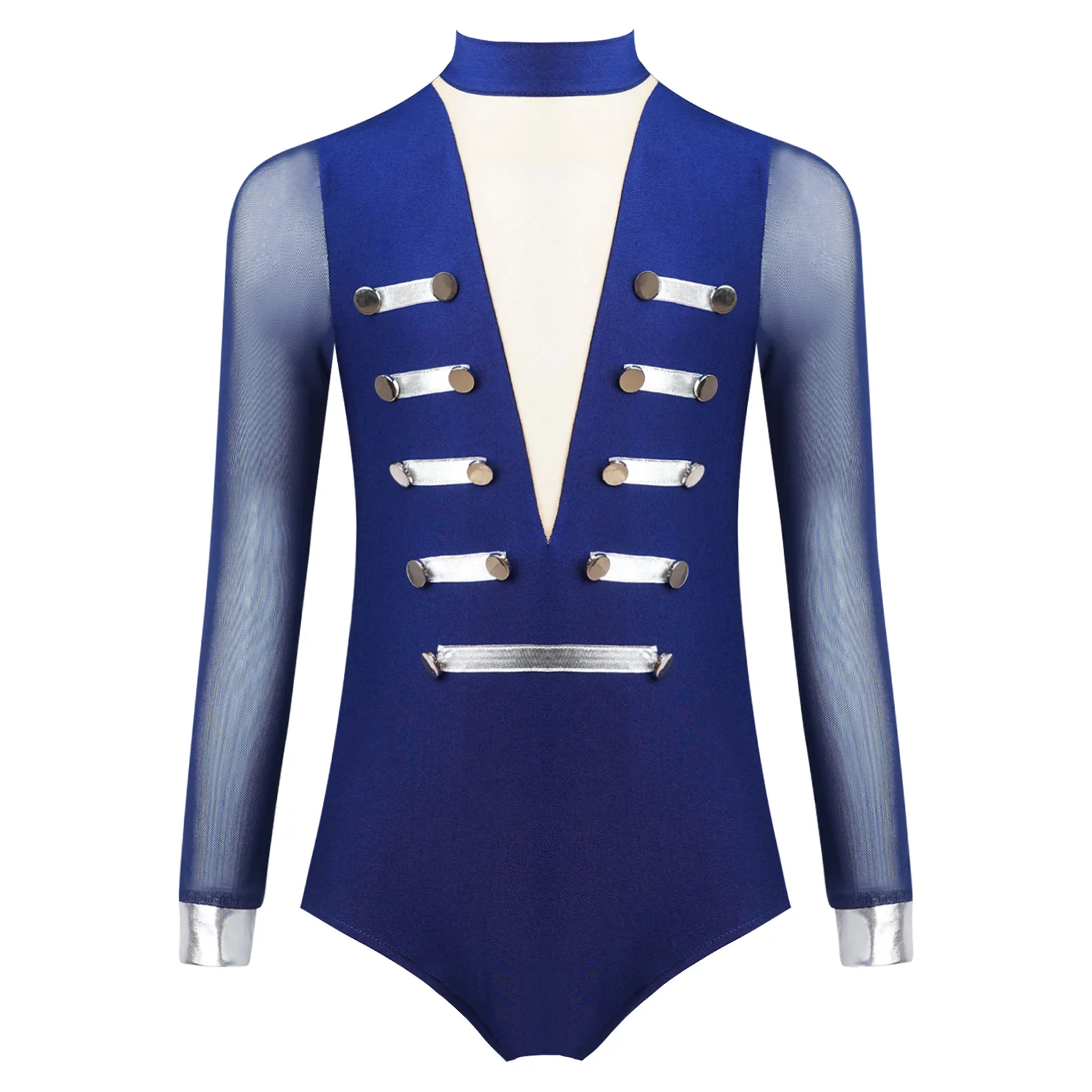 

Kids Girls Stylish Elegant Figure Skating Dance Costume Gymnastics Tango Latin Leotard Metallic Stripes Buttons Bodysuit Unitard