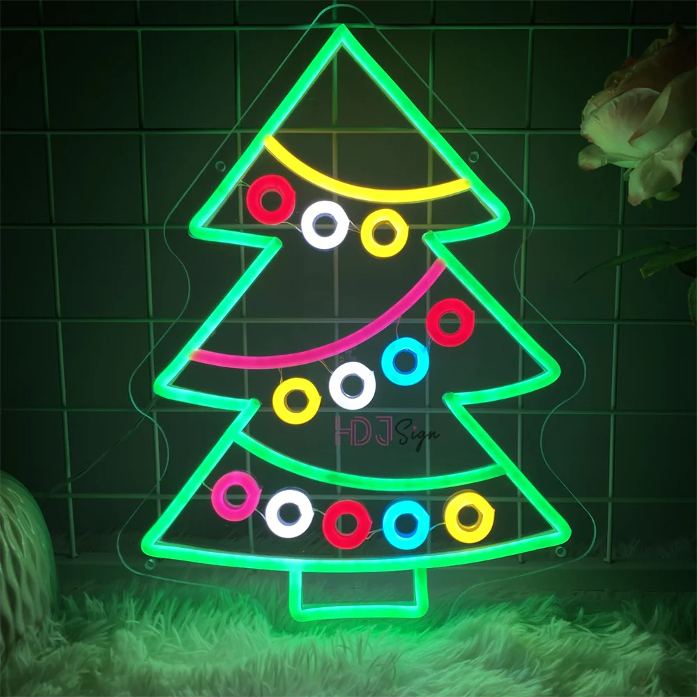 Merry Christmas Neon LED Sign Christmas Tree Gifts Signs Holiday Nignt Lights USB for Children's Room Bedroom Party Wall Decor