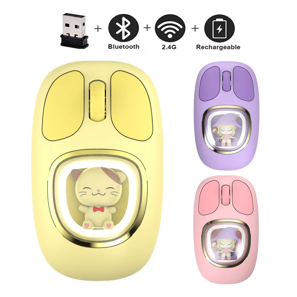 Kawaii Bluetooth 2.4G Mouse Cute Doll Transparent Cartoon Mause Backlight Rechargeable Mice for Tablets Laptop IPad Kids Gift