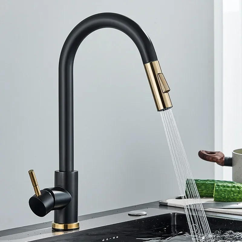 Black Kitchen Faucet Two Function Single Handle Pull Out Mixer  Hot and Cold Water Taps Deck Mounted