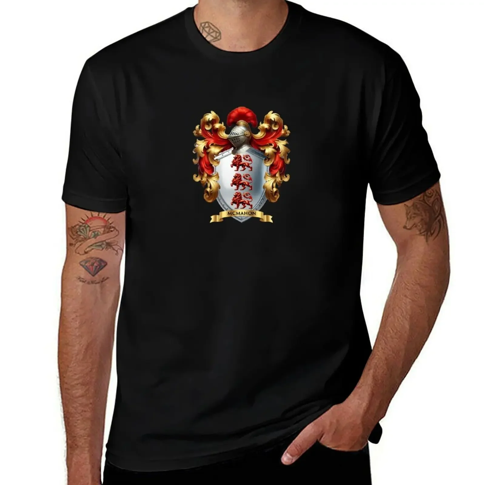 

McMahon Family Crest – Triple Red Lions on Silver Shield T-Shirt boys whites Clothing mens t shirt