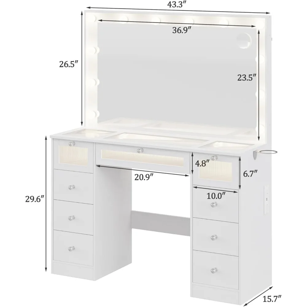 Makeup Vanity Desk with Lights and Large Mirror,Drawers Light Up Vanity,Glass Top Make Up Table with Charging Station,Customized image 6