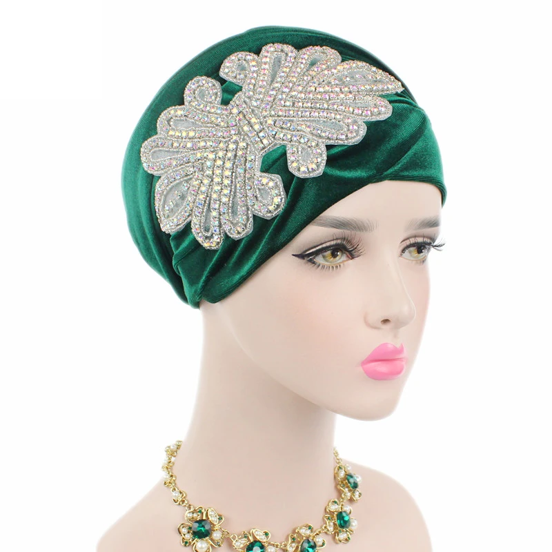 New Luxury Women Rhinstone Velvet Hijab Turban Cap Muslim Long Tail Headscarf Hat Bonnet Nigerian Hijab Head Scarf Bandanas