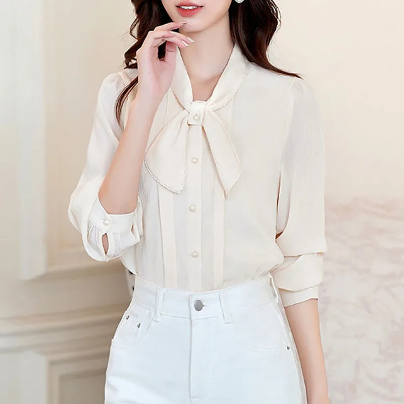 

Женская блузка-рубашка, новая элегантная шифоновая рубашка с длинным рукавом и воротником-бабочкой, женские топы, блузки, рубашки Blusas Para Mujer 2025 Q812