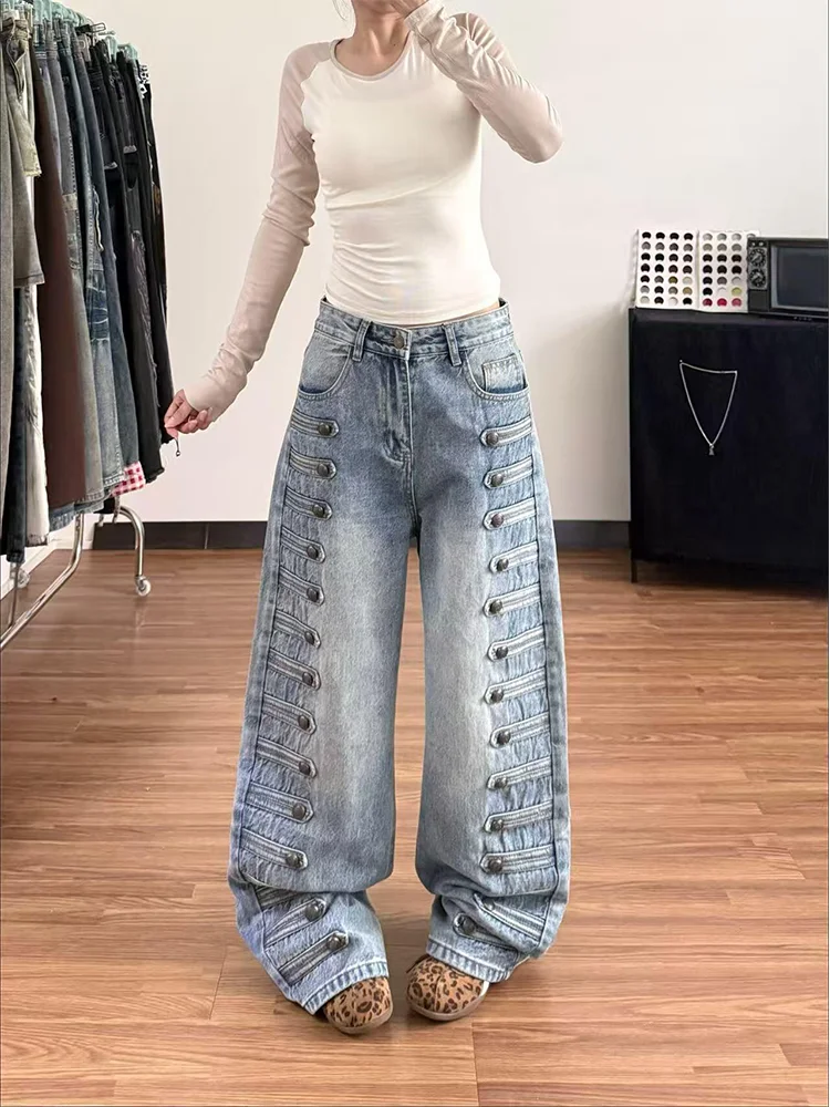 Large Size American Retro Court Style Metal Buckle Wide Leg Draping Long Jeans Women's Loose Fit Casual High Waist Denim Pants