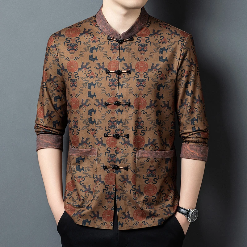 Stand Collar Frog Button Shirts For Men Long Sleeve Tang Costume Winter Quality Silky Comfortable Print Pocket Camisas De Hombre