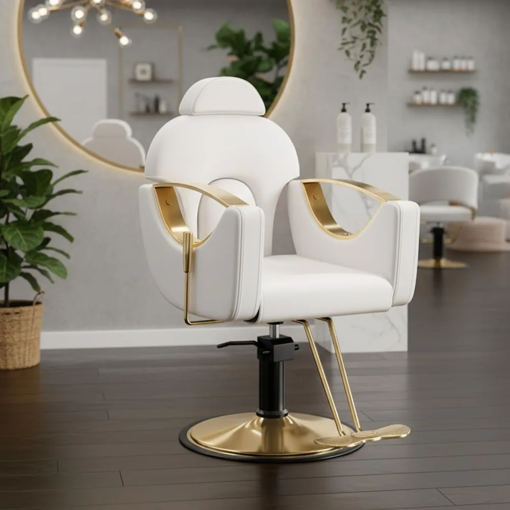 Professional Reclining Hydraulic Barber Chair with Heavy-Duty Pump for Styling, Shampoo & Spa, White Gold, Custom