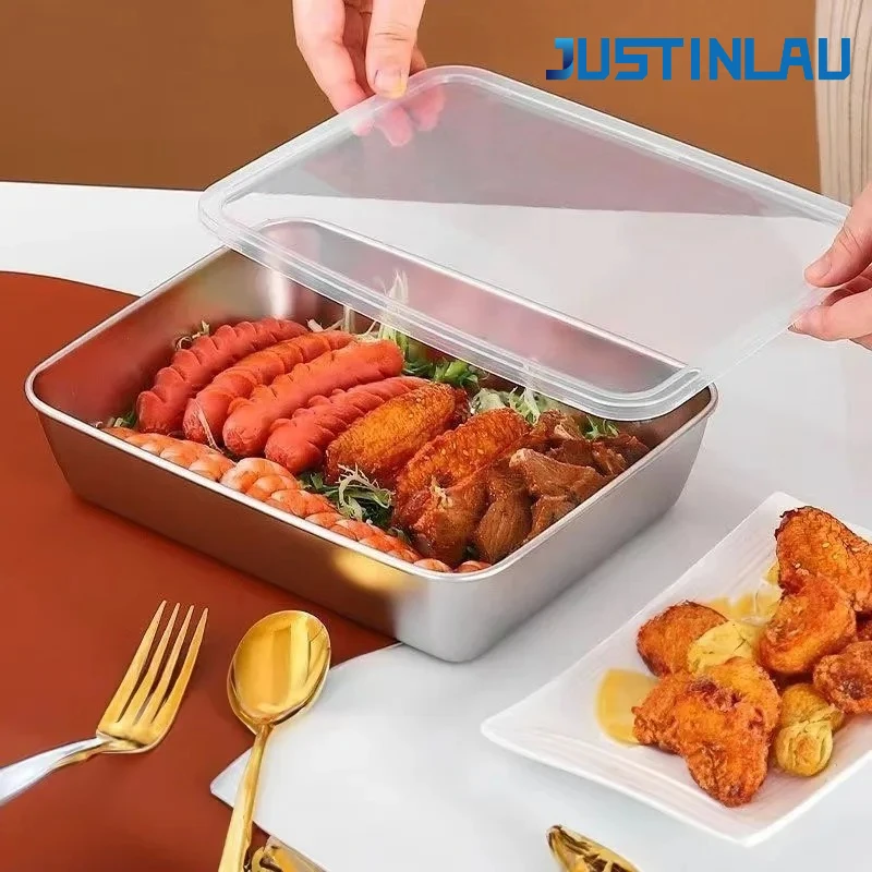 JUSTINLAU Lebensmittelaufbewahrungsplatte aus Edelstahl mit Deckel, Eintopf-Vorbereitungsplatte, stapelbar, für Fleisch, Obst, Gemüse, Küche