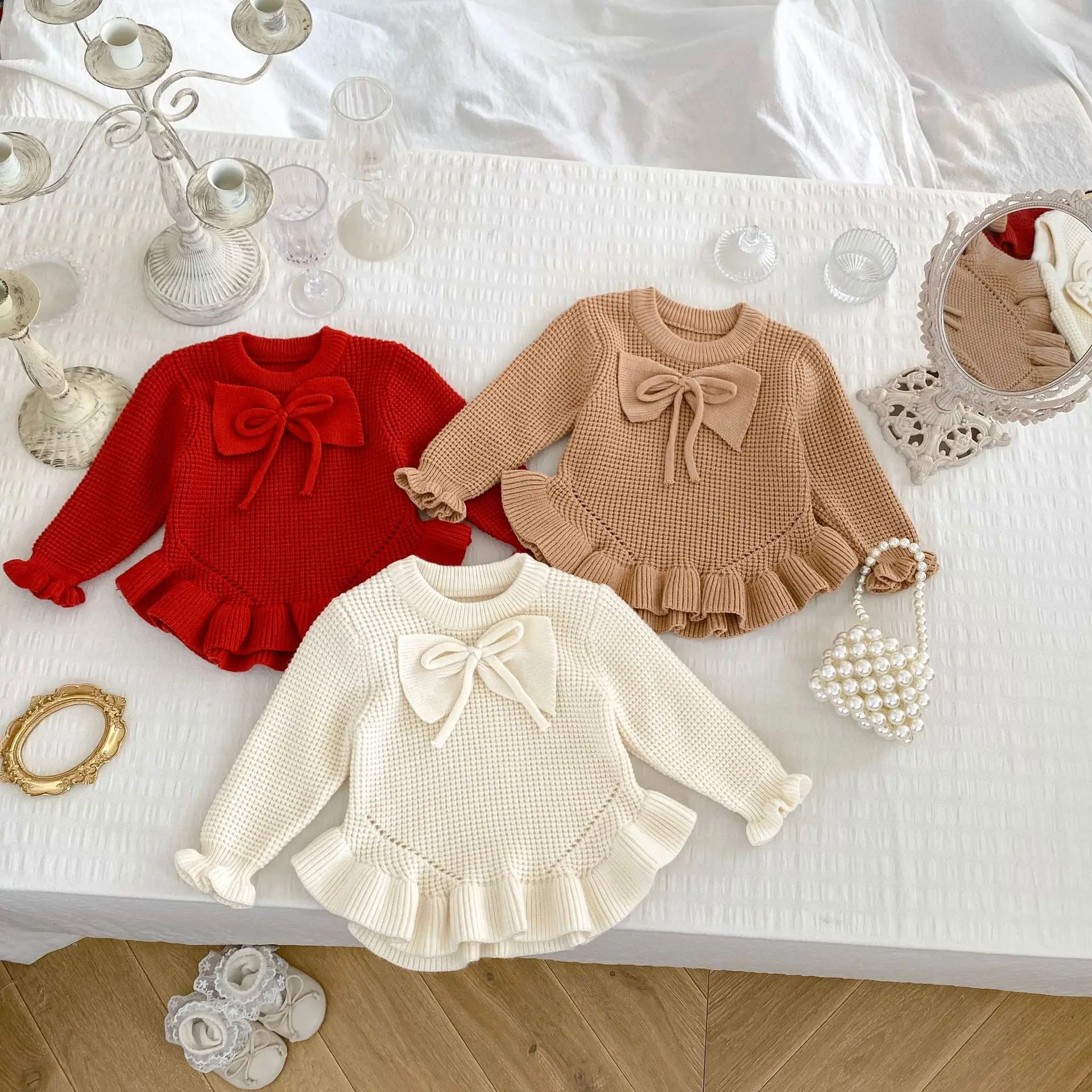 2024 Autumn New Baby Girl Knit Sweater Infant Girls Cute Bow Ruffle Long Sleeve Tops Toddler Knitwear Baby Knitted Pullover